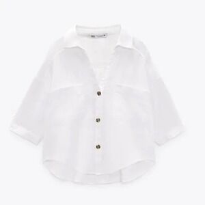 ZARA Button Down Shirt Linen Blend Medium White Short Sleeve Cropped Pocket